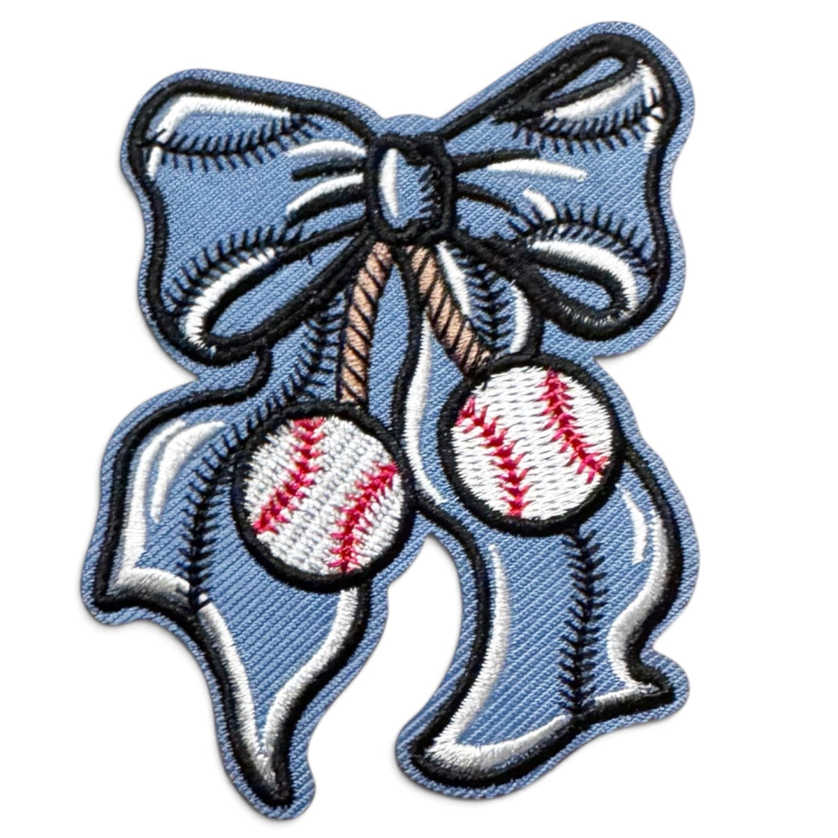 Embroidered Iron On Patch - Bow and Baseballs