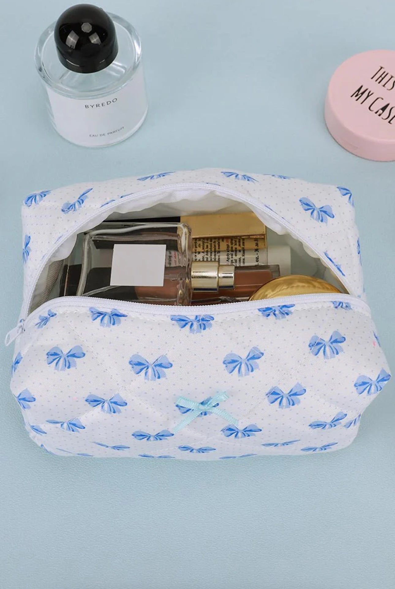 Quilted White with Blue Bows Cosmetic Bag