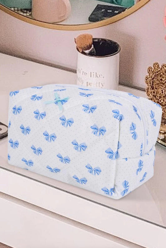 Quilted White with Blue Bows Cosmetic Bag