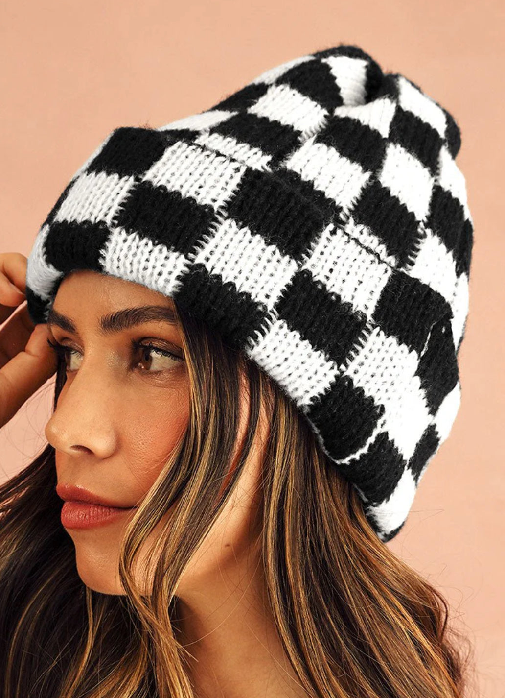 COFFEE RUN BLACK CHECKERED KNIT BEANIE