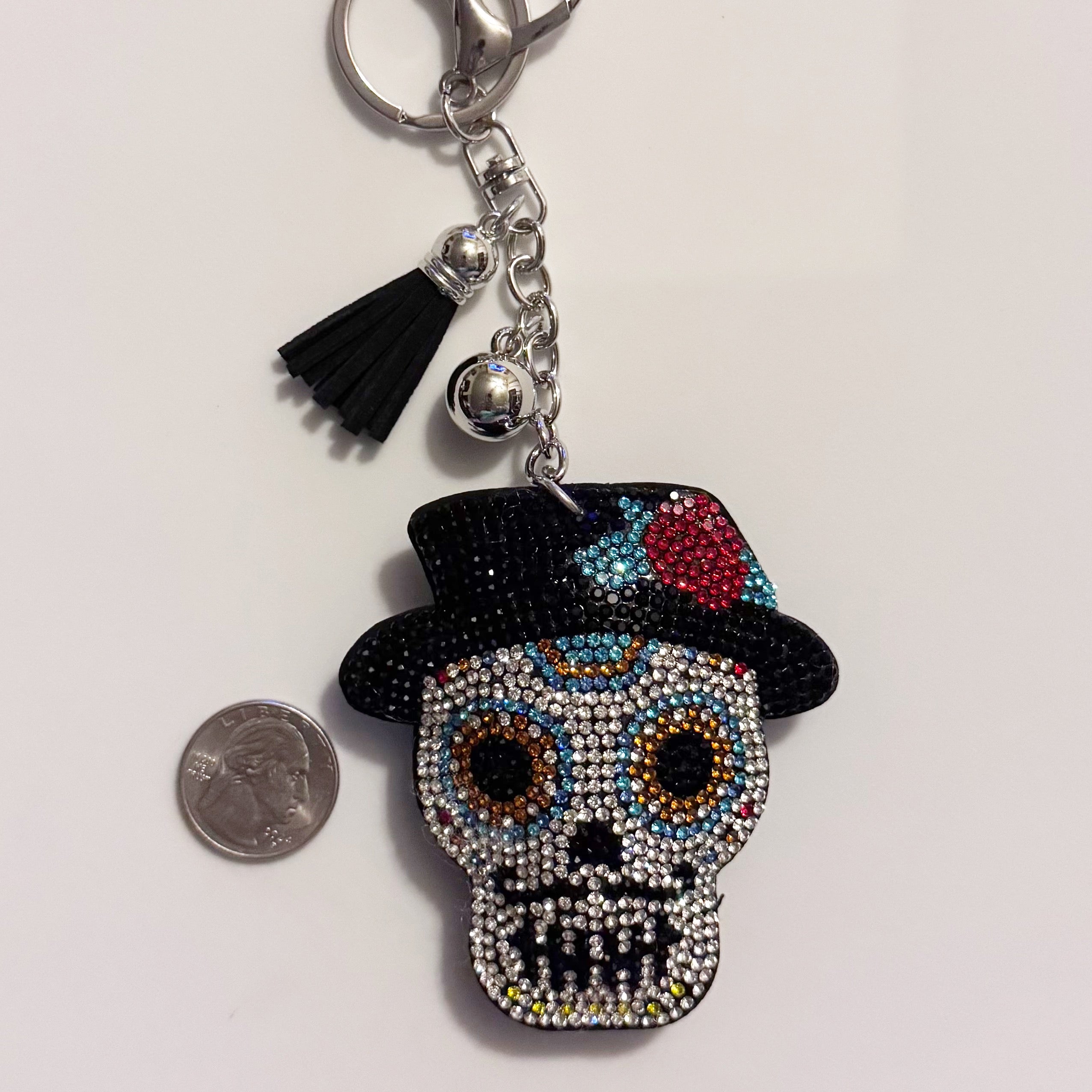 Sugar Skull With Hat Rhinestone Keychain