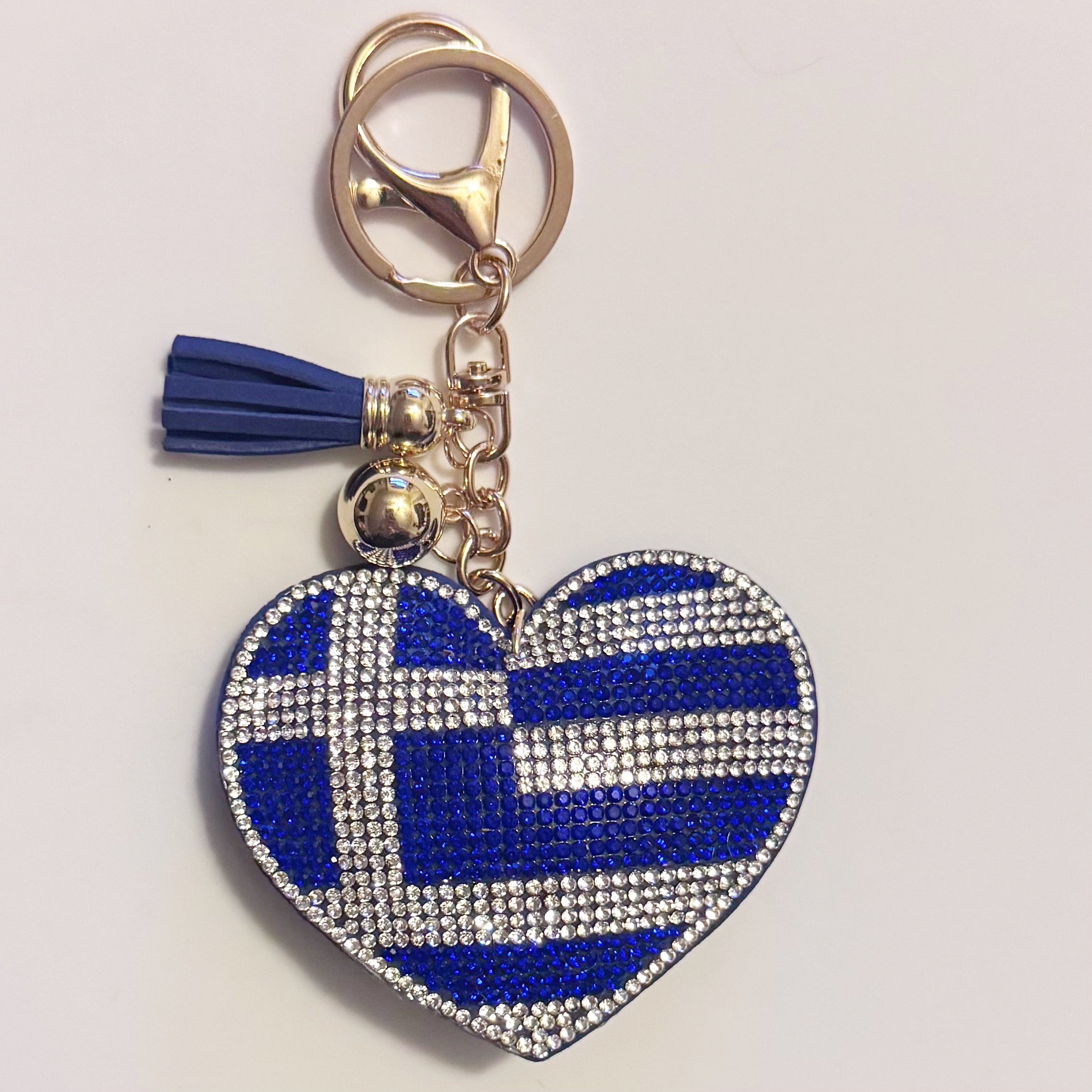 Greek Flag Heart Rhinestone Keychain