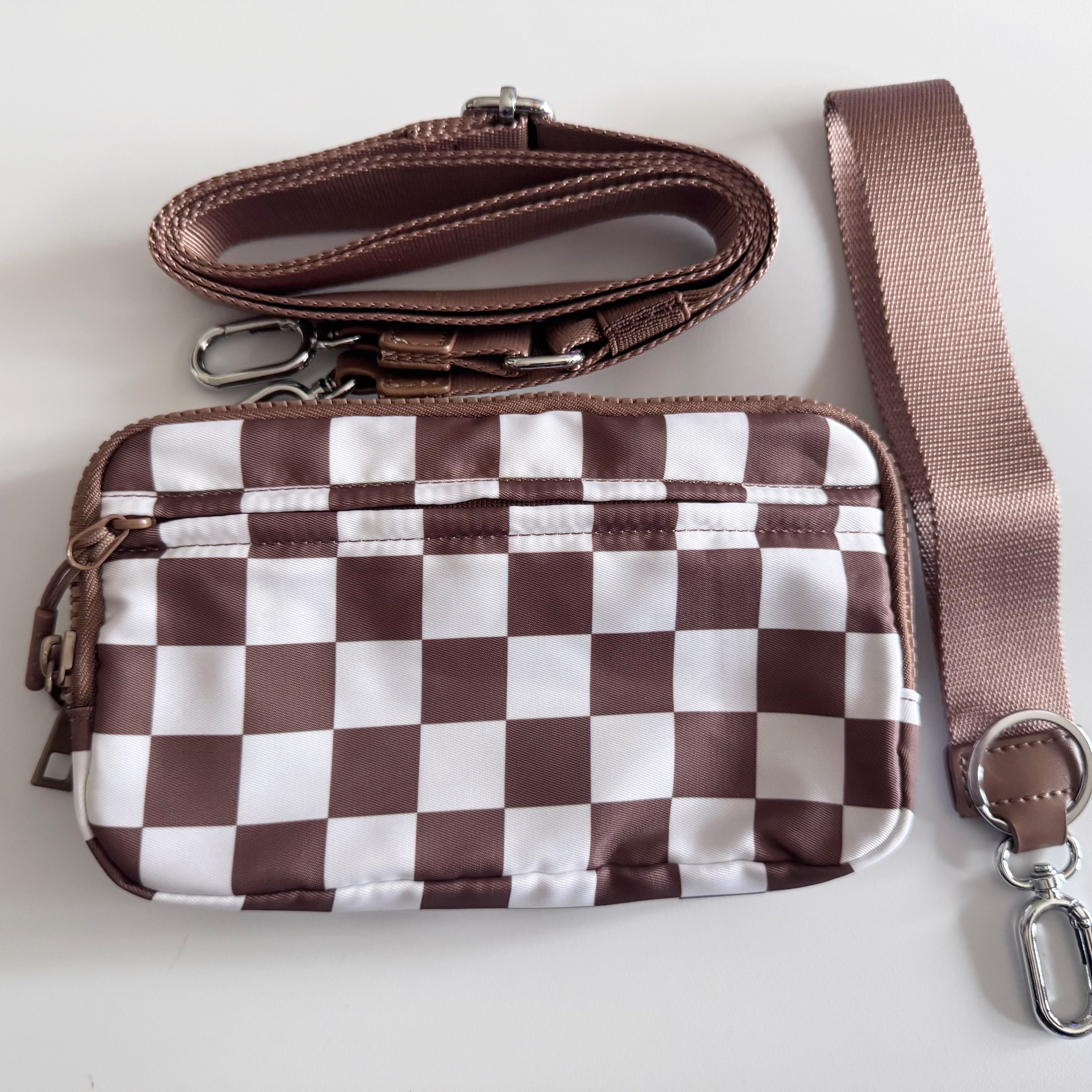 Large Brown Checkered Wristlet Pouch